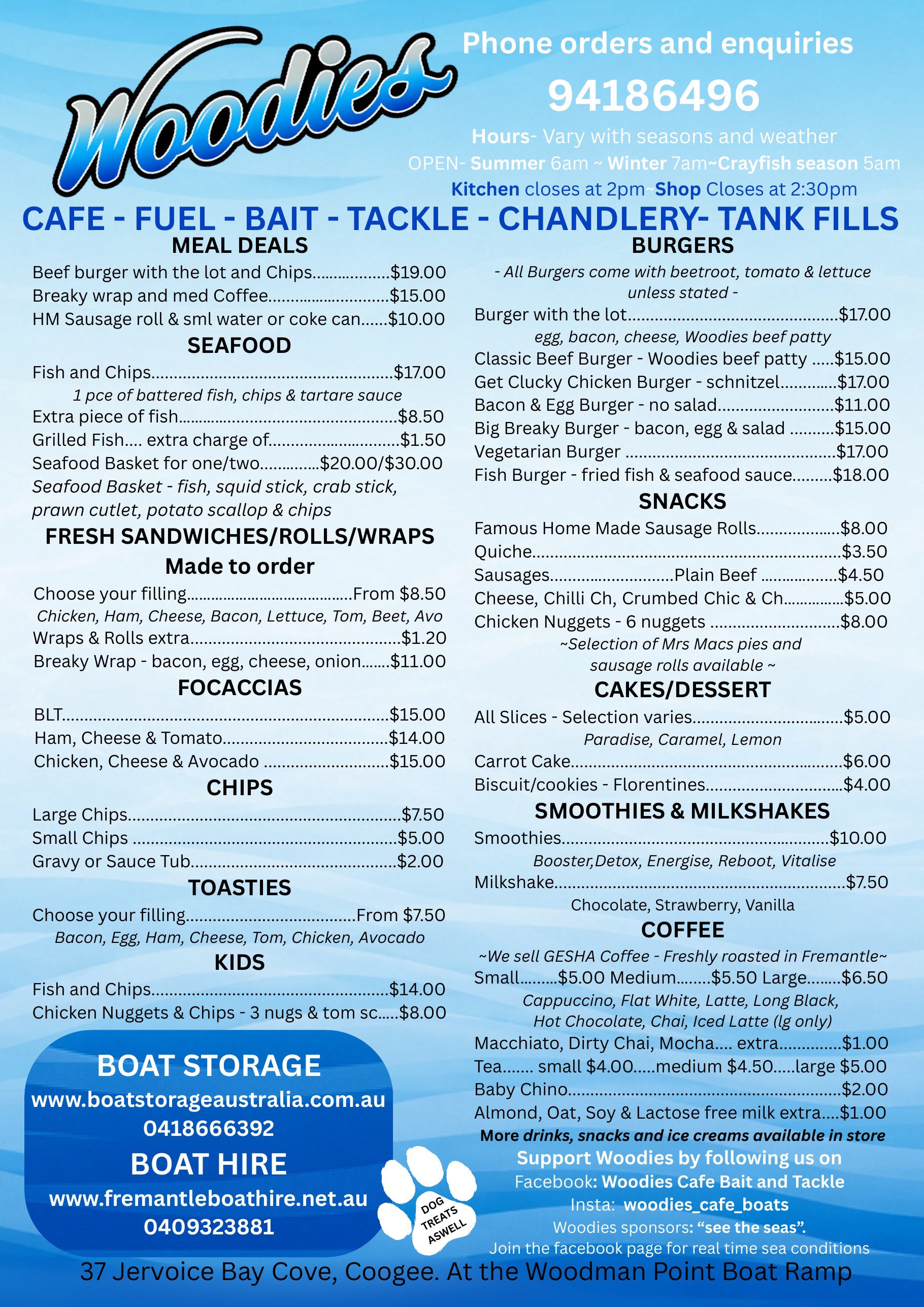 Woodies Boat Storage & Cafe full menu, breakfast, burgers, seafood, coffee and more