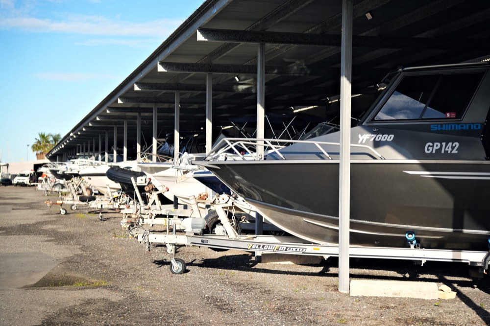 The undercover hardstand at Woodies, boats ready to launch